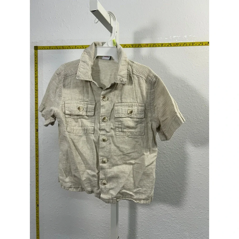 Old Navy Boys 3T Beige White Striped Short Sleeve‎ Button Down Shirt Pockets
